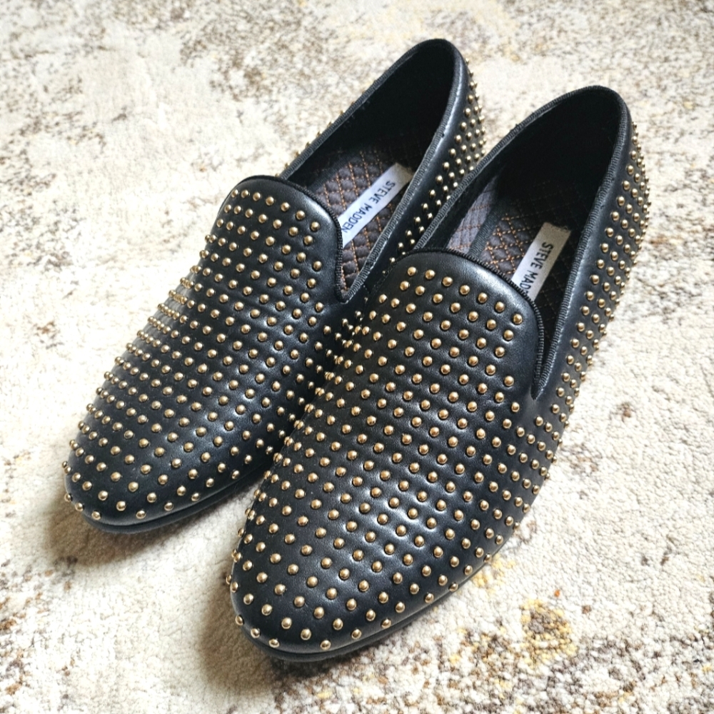 Men's Steve Madden Capital 9 42 Black Gold Studded Slipon Loafers Shoe New Years